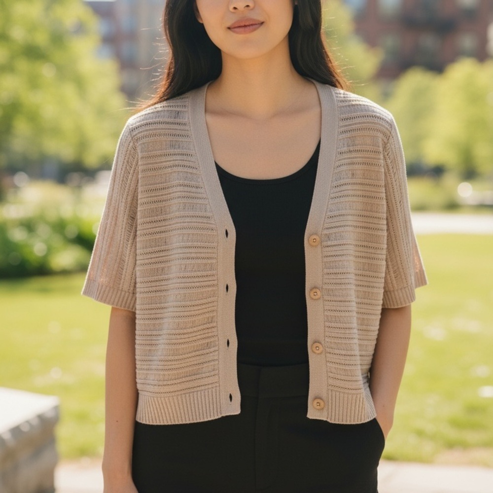 - CARLISLE Tan Cropped Silk & Cotton Blend Knit Cardigan Short Sleeve